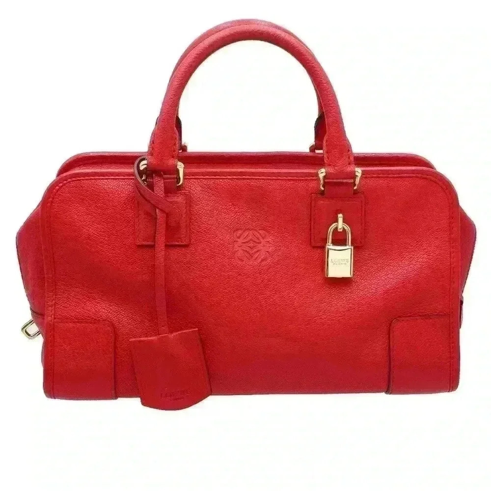 Loewe Amazona 28 Boston Leather Hand Bag Red Guaranteed Authentic